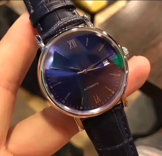 Luxury New Mens Mechanical Watch Automatic Gold Black Leather Blue Fashion Watches