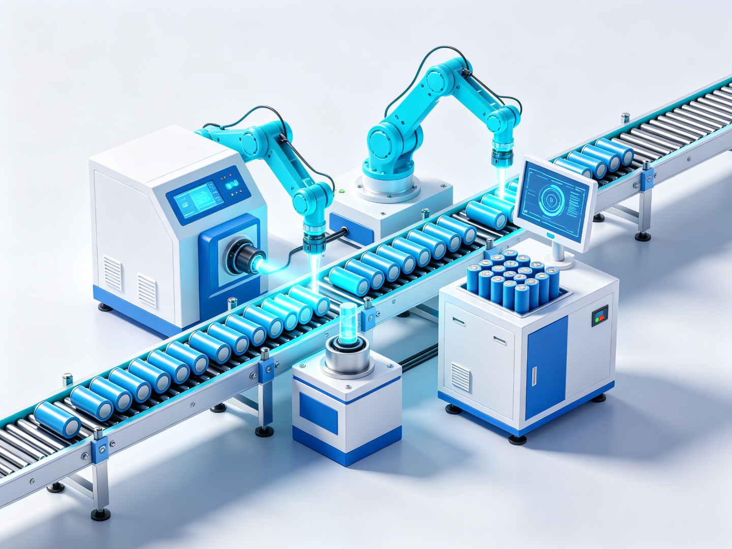 automated NiMH cell grading and quality control production line illustration