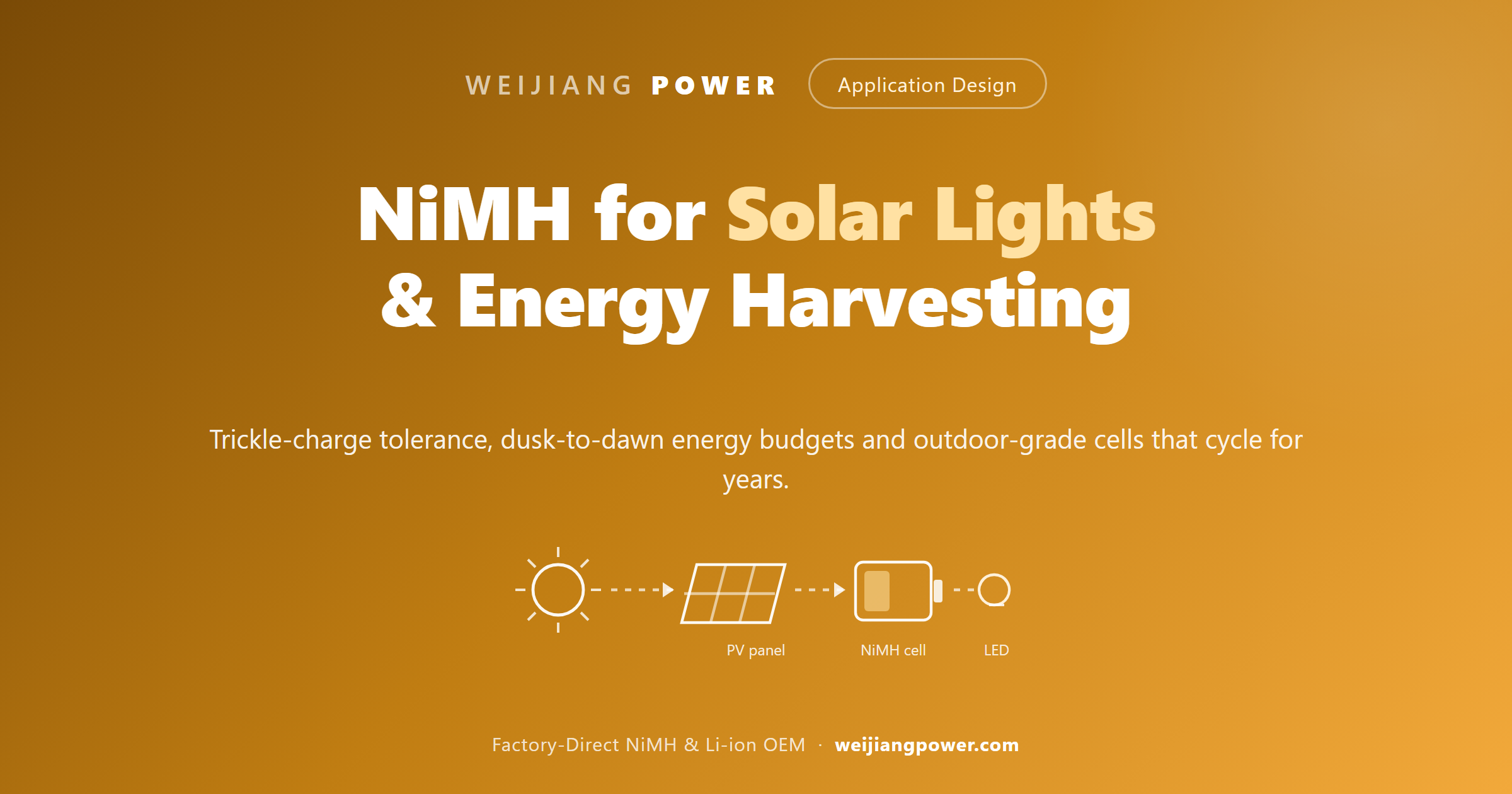 NiMH cells for solar lights and energy harvesting day night cycle