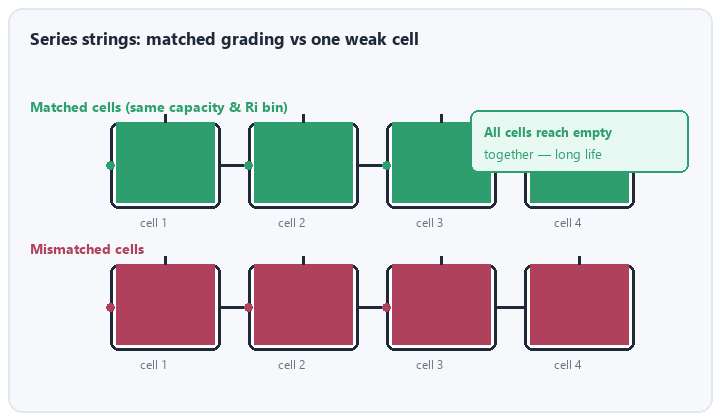 animation comparing matched and mismatched NiMH cells in a series string