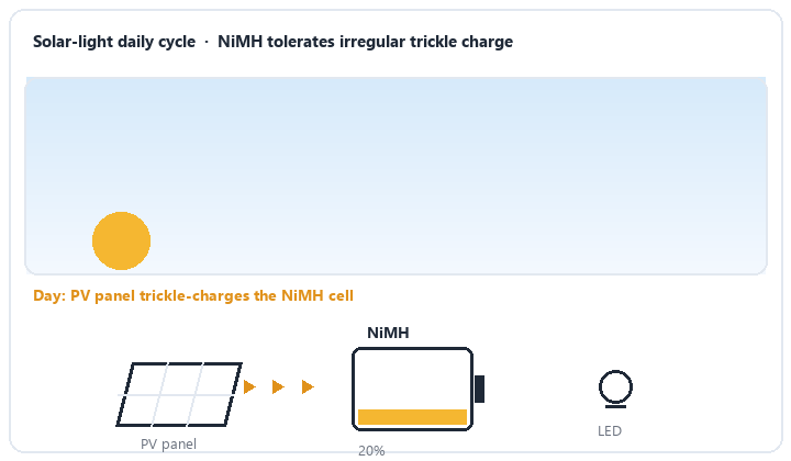 animated day-night solar energy harvesting cycle charging NiMH by day powering LED at night