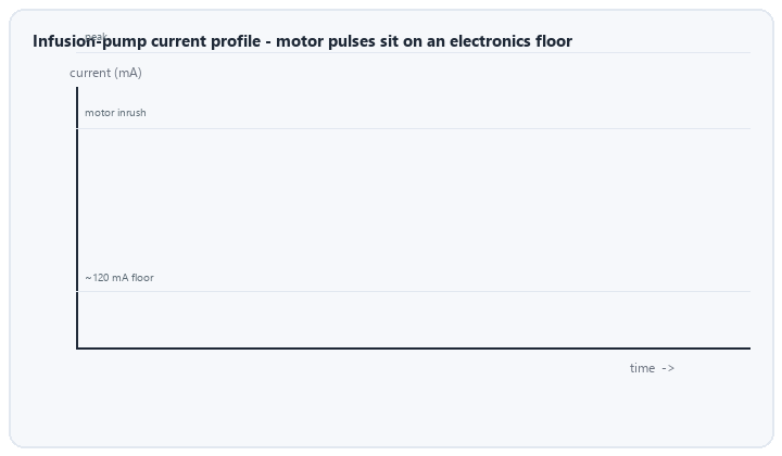 animated infusion pump current profile with motor pulses baseline electronics and alarm peaks