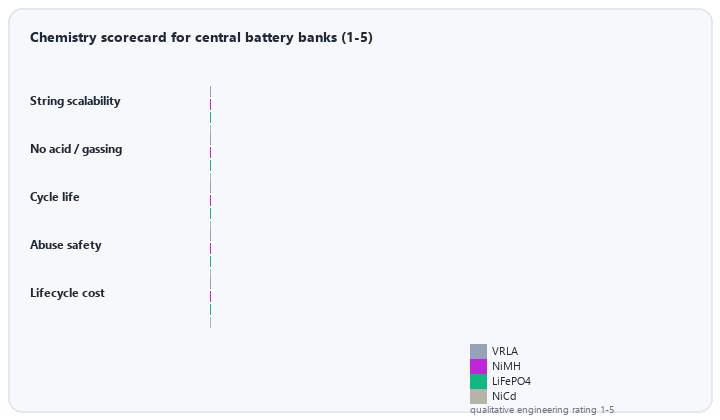 animated chemistry scorecard VRLA NiMH LiFePO4 NiCd for central battery banks