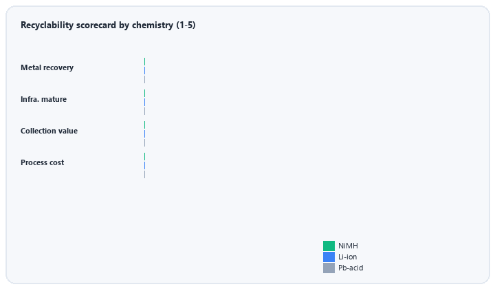 animated recyclability scorecard comparing NiMH lithium and lead acid
