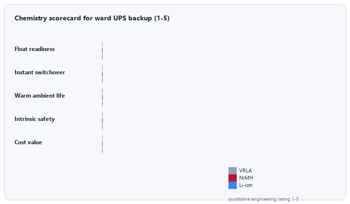 animated chemistry scorecard comparing VRLA NiMH and lithium for ward UPS backup