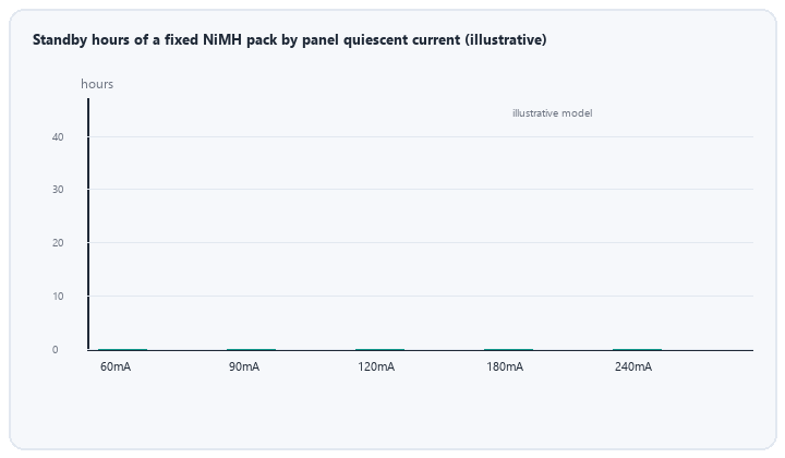 animated standby hours of a fixed NiMH pack by panel quiescent current against the 12 hour Grade 2 Type A requirement