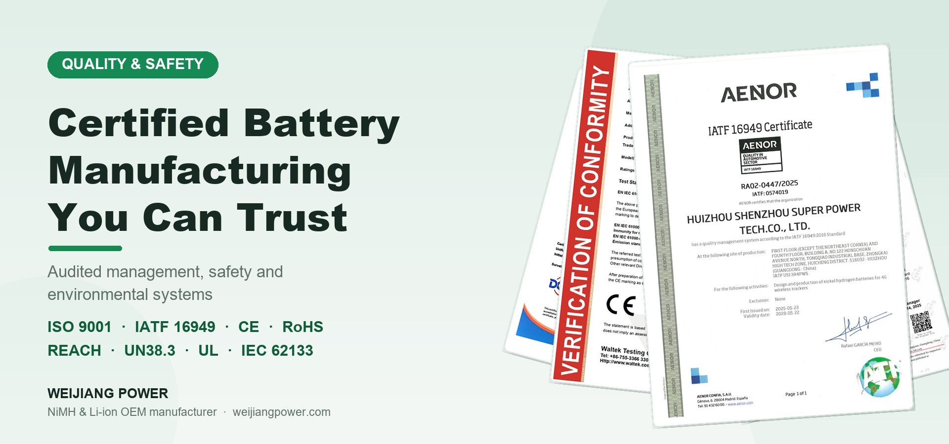 Weijiang Power certified NiMH battery manufacturing, ISO 9001 IATF 16949 CE RoHS REACH UN38.3 UL