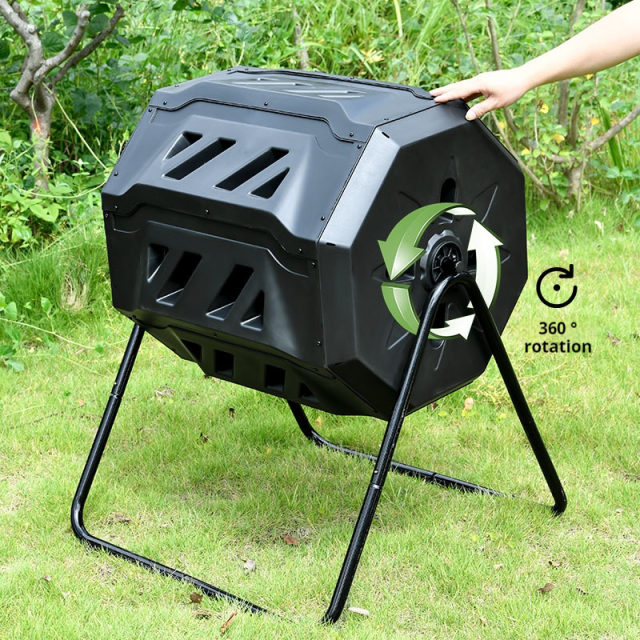 Dual Chamber Outdoor Tumbling Compost Bin Large Rotating Garden Waste Tumbler for Fast Decomposition