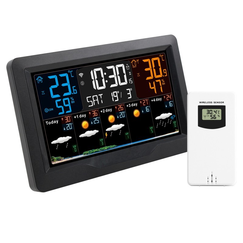Color Screen Weather Station LCD Clock Large Screen Indoor and Outdoor Temperature and Humidity Alarm Clock RF Radio Wave We