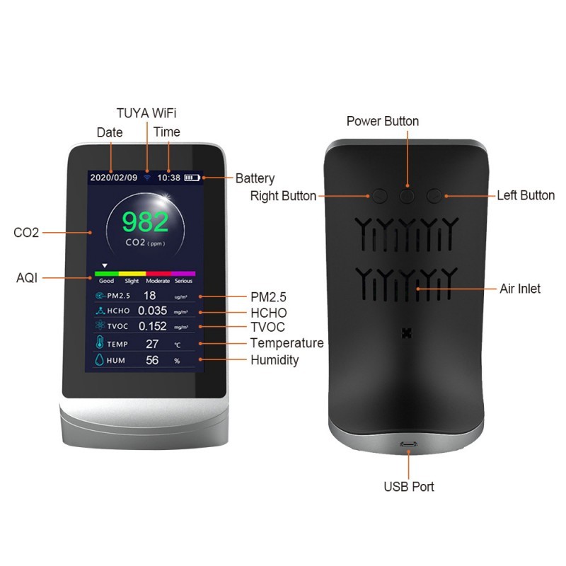 New Arrivals Tuya WiFi Smart Air Quality Detector | PM2.5 CO2 HCHO TVOC Monitor with LCD Screen and Temperature Humidity Display