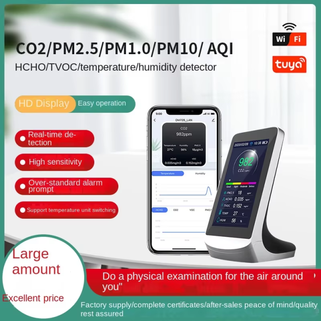 New Arrivals Tuya WiFi Smart Air Quality Detector | PM2.5 CO2 HCHO TVOC Monitor with LCD Screen and Temperature Humidity Display