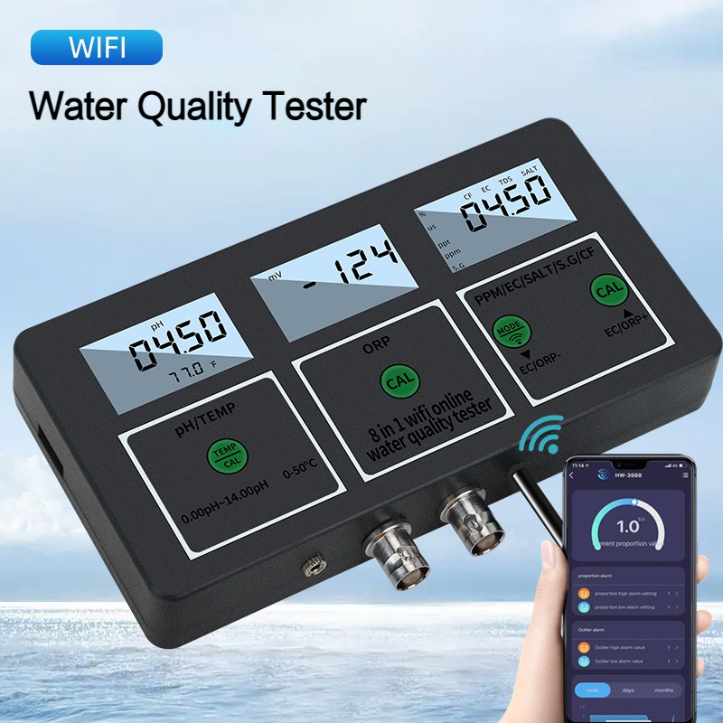 8 in 1 Wifi Digital PH/Temperature/ORP/EC/PPM/Salt/S.G/CF Online Water Analyzer for Laboratory and Swimming Pool
