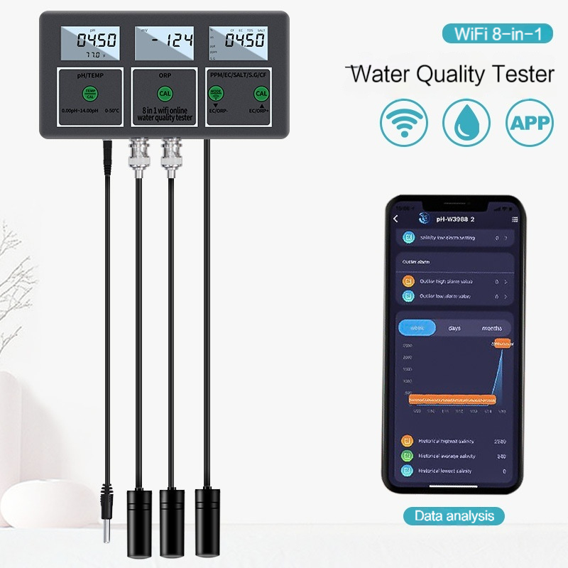 8 in 1 Wifi Digital PH/Temperature/ORP/EC/PPM/Salt/S.G/CF Online Water Analyzer for Laboratory and Swimming Pool