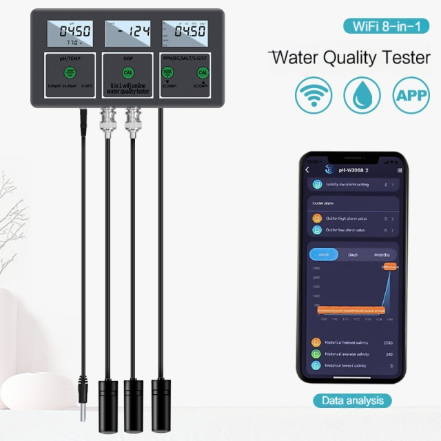 8 in 1 Wifi Digital PH/Temperature/ORP/EC/PPM/Salt/S.G/CF Online Water Analyzer for Laboratory and Swimming Pool