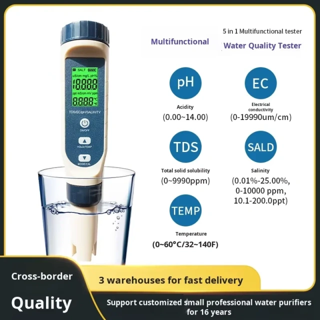 5 in 1 Digital Water Quality Tester Pen, PH TDS EC Salinity Temperature Meter with Backlight Display for Aquarium Pool Drinking Water