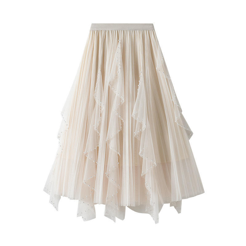 Beaded Irregular Wavy Ruffled Gauze Mesh Maxi Skirt