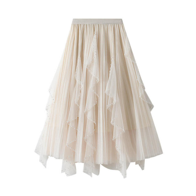 Beaded Irregular Wavy Ruffled Gauze Mesh Maxi Skirt