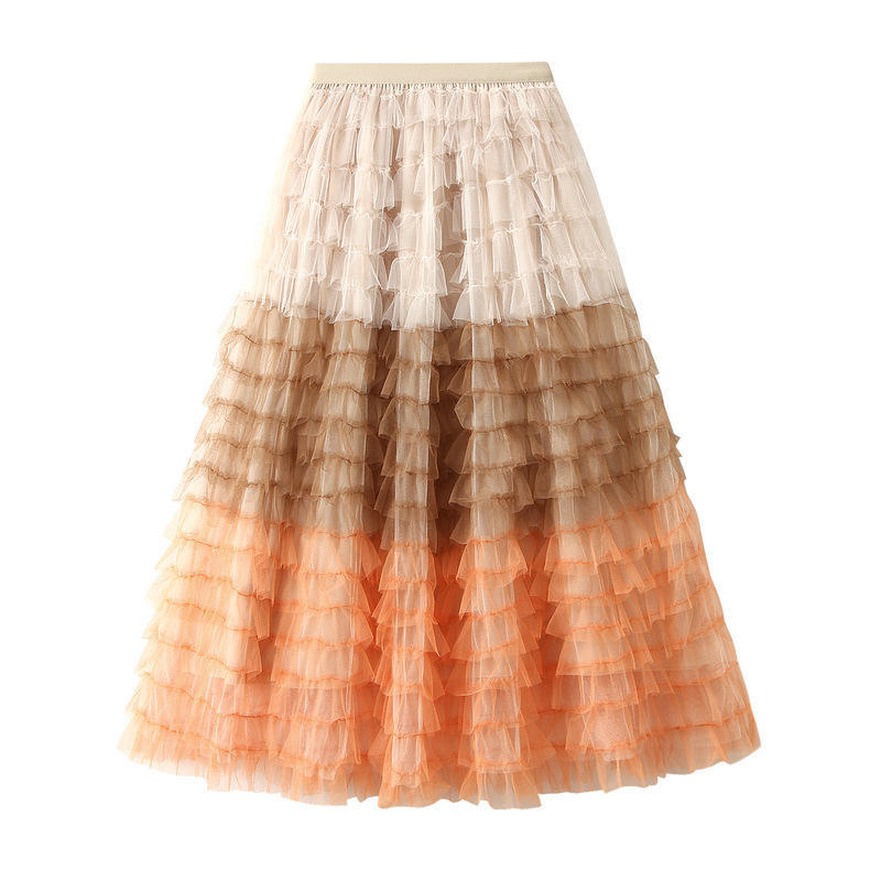 Flared Flower Patterns Casual Style Plain Long Lace Gradient Mesh Tiered Skirt