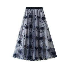 Women Autumn Casual A-Line Tulle Skirt High Waist Dragonfly Embroidery Mesh Flowy Midi Skirt
