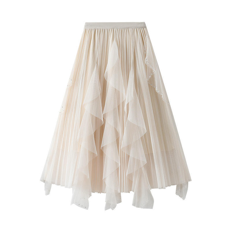 Beaded Irregular Wavy Ruffled Gauze Mesh Maxi Skirt