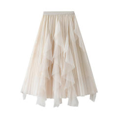Beaded Irregular Wavy Ruffled Gauze Mesh Maxi Skirt