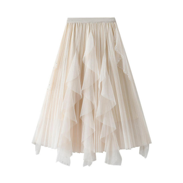 Beaded Irregular Wavy Ruffled Gauze Mesh Maxi Skirt