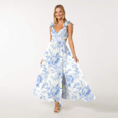 Fashion Custom Lady Ruffle Maxi Dress Vestidos Printed Women Elegant Summer Casual Dresses
