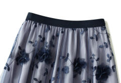 Women Autumn Casual A-Line Tulle Skirt High Waist Dragonfly Embroidery Mesh Flowy Midi Skirt