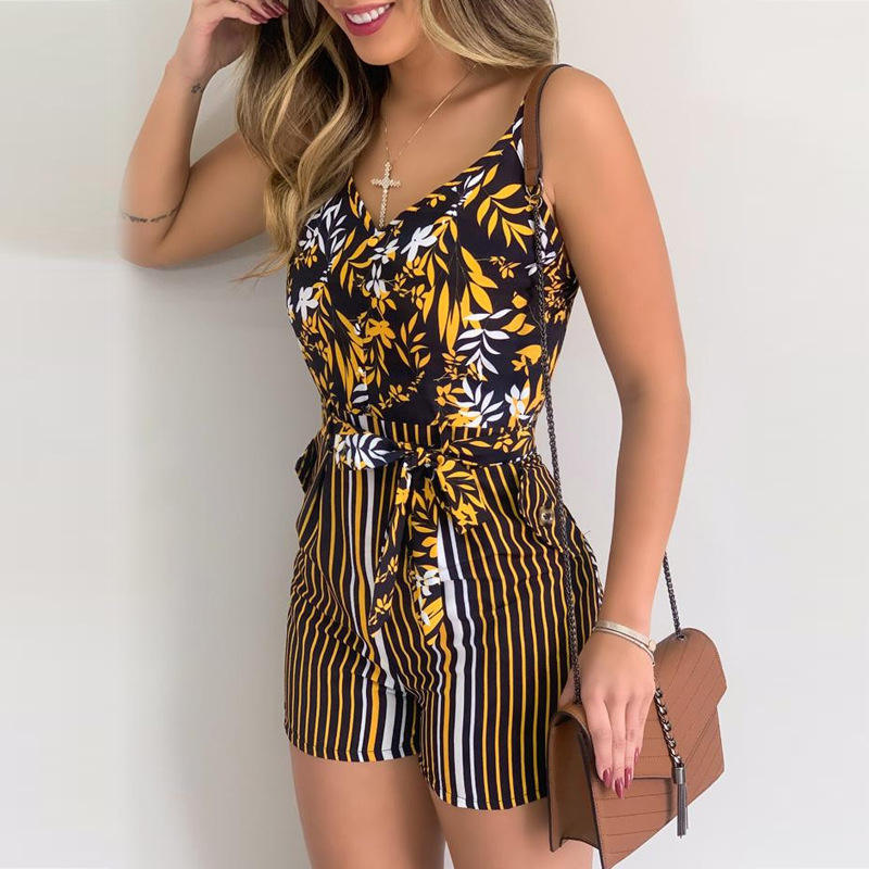 Women V-Neck Short Jumpsuit Boho Spaghetti Strap Leaves Stripe Print Beach Shorts Romper Jumpsuit with Belt