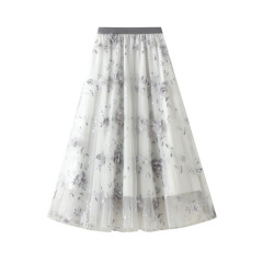 Women Autumn Casual A-Line Tulle Skirt High Waist Dragonfly Embroidery Mesh Flowy Midi Skirt