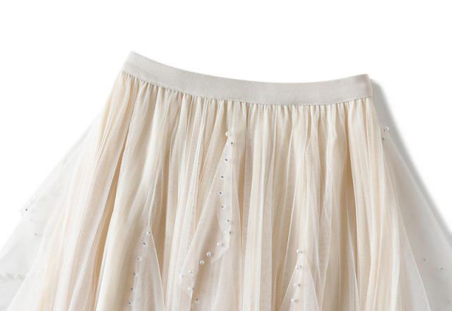 Beaded Irregular Wavy Ruffled Gauze Mesh Maxi Skirt