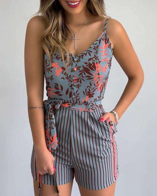 Women V-Neck Short Jumpsuit Boho Spaghetti Strap Leaves Stripe Print Beach Shorts Romper Jumpsuit with Belt
