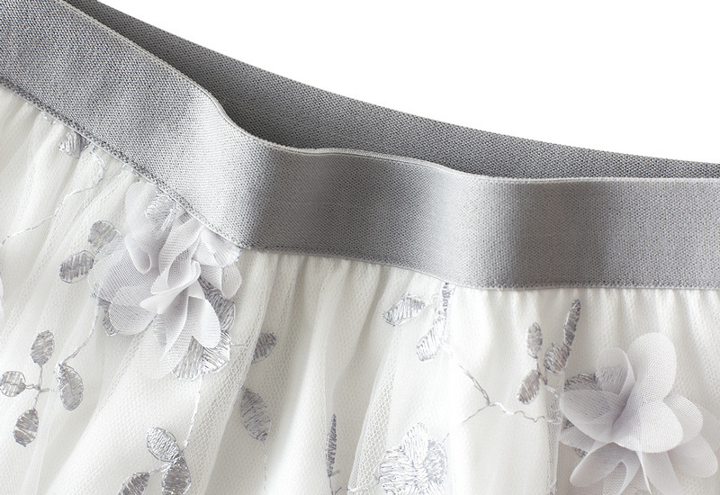 Women Autumn Casual A-Line Tulle Skirt High Waist Dragonfly Embroidery Mesh Flowy Midi Skirt