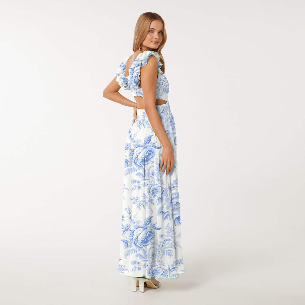 Fashion Custom Lady Ruffle Maxi Dress Vestidos Printed Women Elegant Summer Casual Dresses