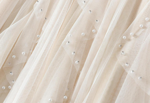 Beaded Irregular Wavy Ruffled Gauze Mesh Maxi Skirt