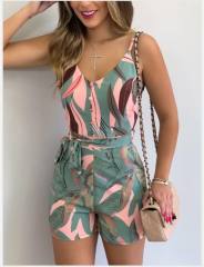Women V-Neck Short Jumpsuit Boho Spaghetti Strap Leaves Stripe Print Beach Shorts Romper Jumpsuit with Belt