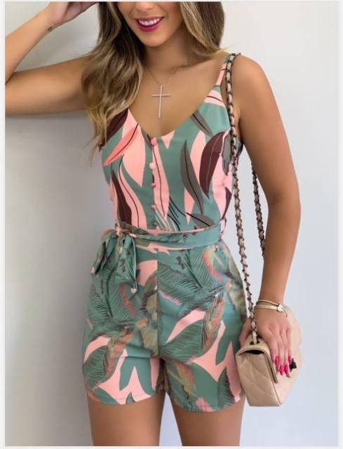 Women V-Neck Short Jumpsuit Boho Spaghetti Strap Leaves Stripe Print Beach Shorts Romper Jumpsuit with Belt