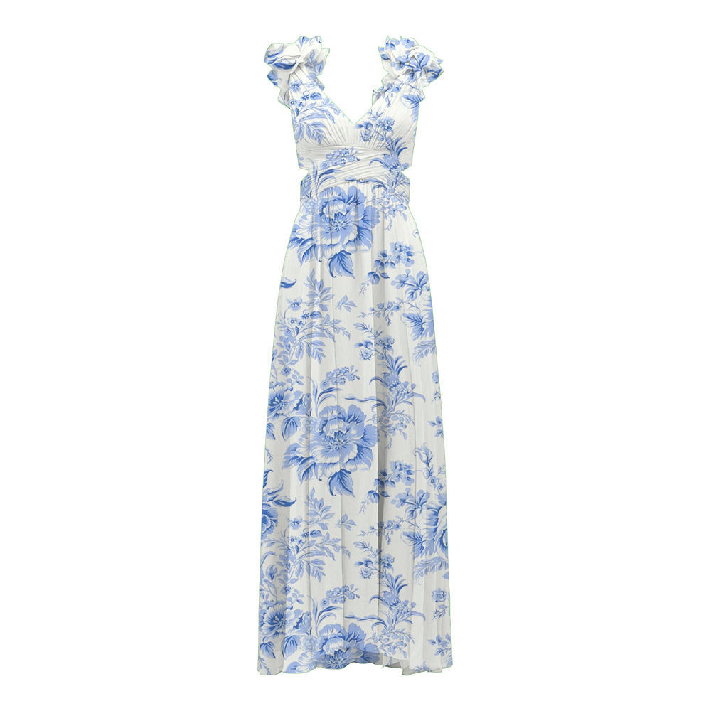 Fashion Custom Lady Ruffle Maxi Dress Vestidos Printed Women Elegant Summer Casual Dresses