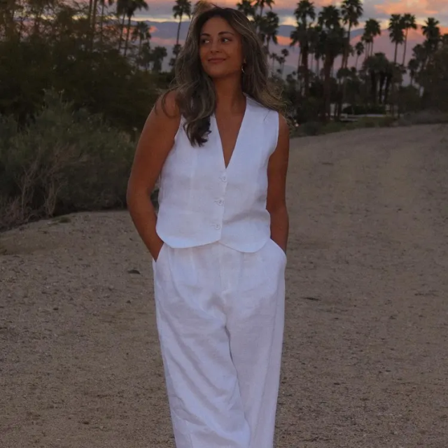 Women Custom White Cotton linen Aesthetic Summer Vest Pants Outfit 2-piece Set