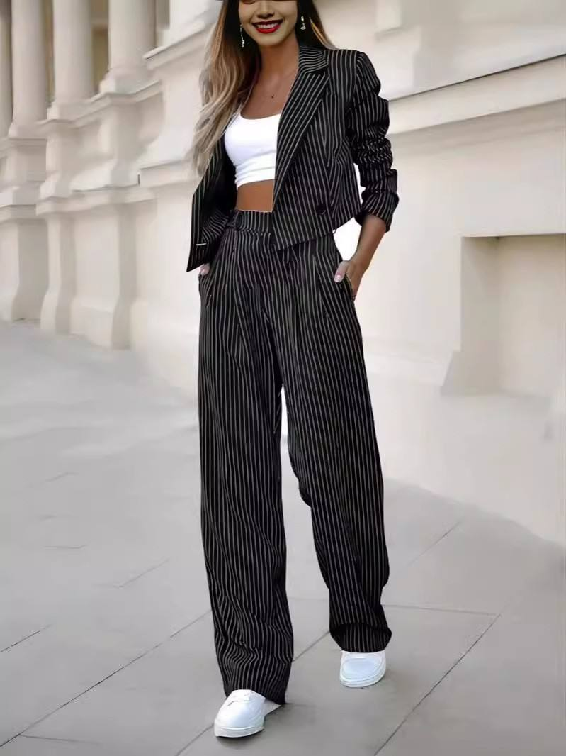 2024 European and American Women's Temperament Casual Striped Short lapel Suit Straight Leg Pants Set