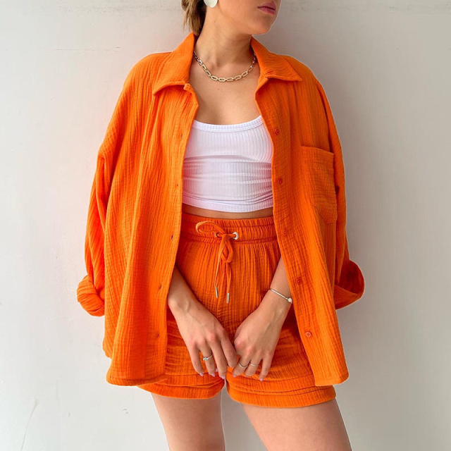 2024 Women's Two-piece Crinkled Lapel Long Sleeve Shirt High Waist Drawstring Shorts Plus Size Fashion Casual Cotton Suit