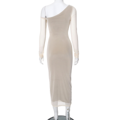 European and American Women's Summer New Solid Color Casual One-Shoulder Mesh Long-Sleeved Pleated Slim Long Dress