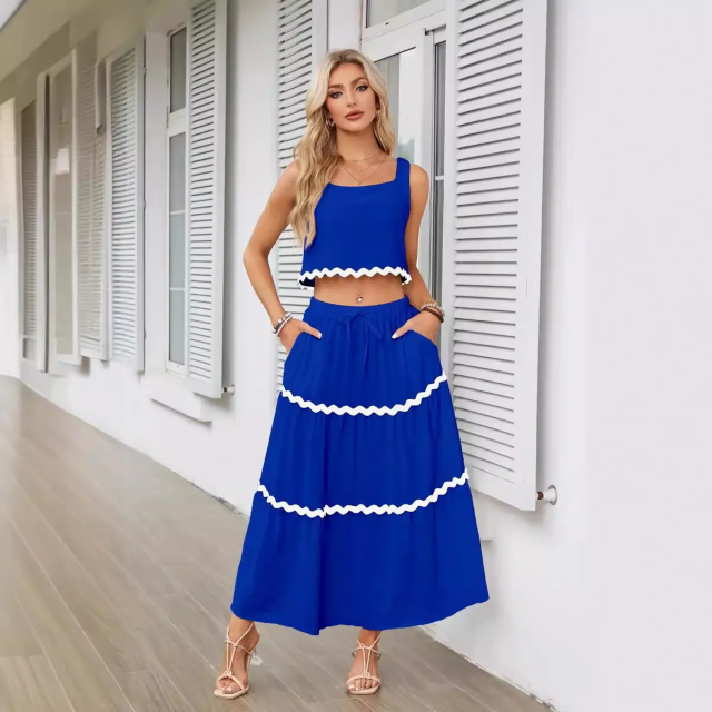2024 European and American Women's Clothing Lace Collage Sleeveless Short Vest High Waist Long Skirt Set