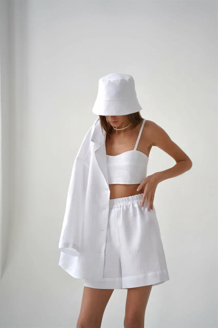 Women Cotton Two-Piece Set Loose Fit Long-Sleeved Button Shirt Casual Shorts Suits White