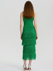 Women Custom Square Neck Fringe Hem Knit Sweater Bodycon Party Long Dress