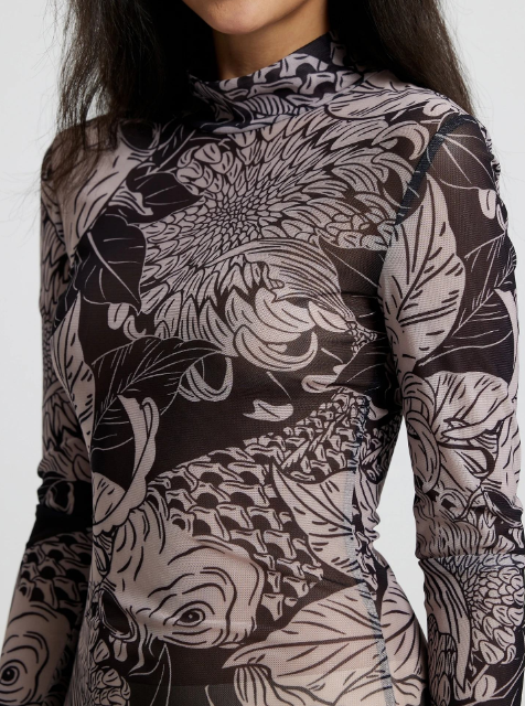 Women's Custom Fashion Style Mesh Print See-Through Turtleneck Slim Fit Dress