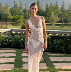 2024 New European and American V-Neck Sexy Backless Sundress Mesh Sheer Three-dimensional Flower Dress