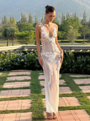 2024 New European and American V-Neck Sexy Backless Sundress Mesh Sheer Three-dimensional Flower Dress
