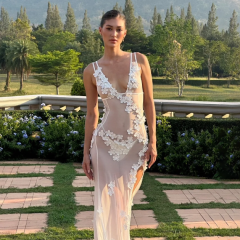 2024 New European and American V-Neck Sexy Backless Sundress Mesh Sheer Three-dimensional Flower Dress