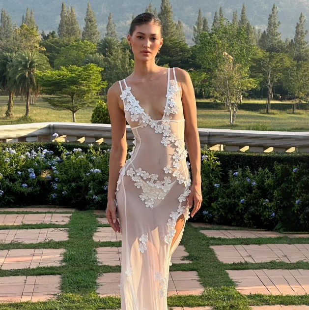 2024 New European and American V-Neck Sexy Backless Sundress Mesh Sheer Three-dimensional Flower Dress